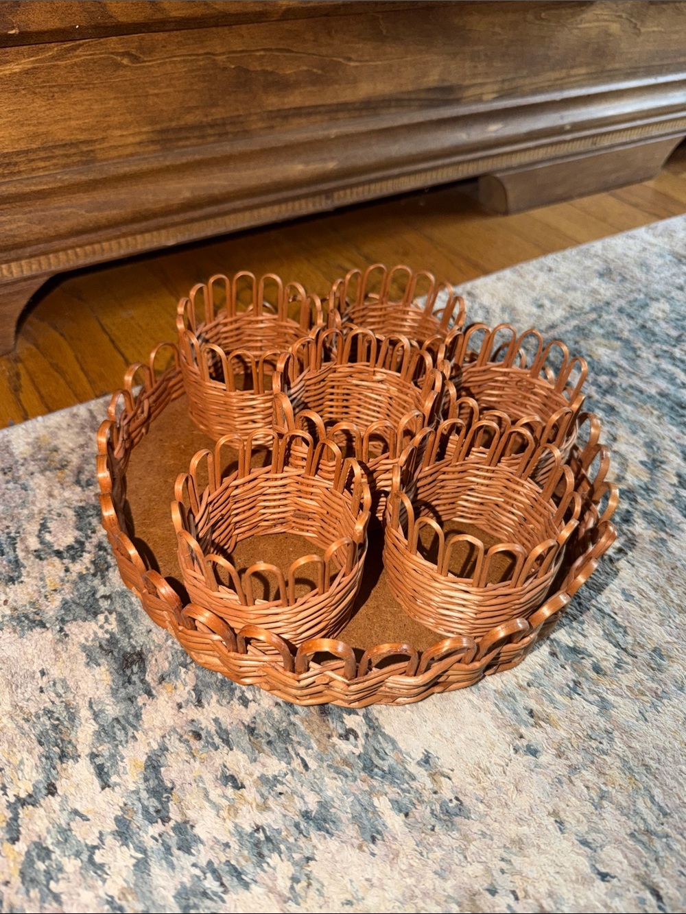 1970s Set of 7 Glassware Wicker Holders and Wicker Tray